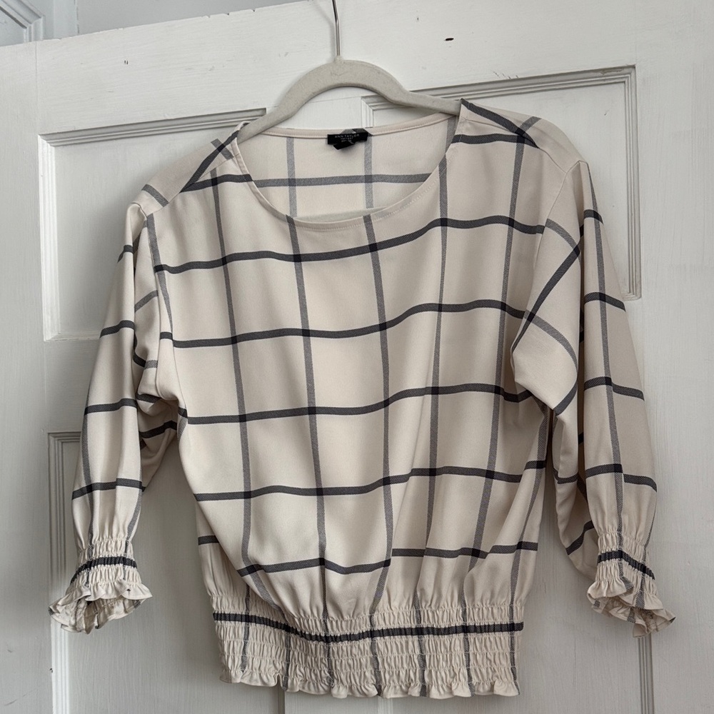 Ann Taylor Factory Cream Windowpane Smocked-Hem Blouse